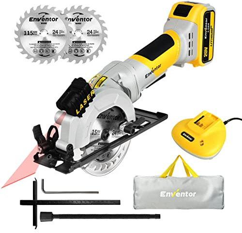 Enventor Brushless Mini Circular Saw, 20V 3800RPM Cordless Mini Circular Saw with 4.0Ah Battery, Max Cutting Depth 42.8mm(90°), 28mm(45°), 2 Blades(115mm), Compact Circular Saw for Wood and Plastic