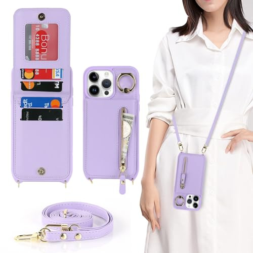 Zouzt Crossbody Wallet Case for iPhone 13 Pro, with Strap, Purple