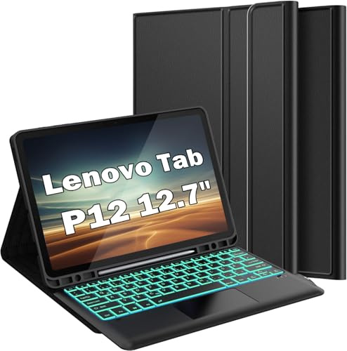 Wineecy Beleuchtete Tastatur Hülle für Lenovo Tab P12 12.7 Zoll Tablet 2023, Magnetisch Abnehmbare Kabellose Bluetooth QWERTZ Tastatur mit Touchpad und PU Leder Schützhülle
