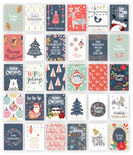 Friendly Fox 30 Weihnachtskarten, A6 Weihnachtsgrußkarten mit verschiedenen Motiven, Postkarten Weihnachten