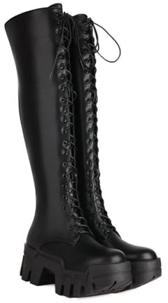 Botas Altas hasta la Rodilla para Mujer Plataforma Grueso Tacón Botas largas Cremallera con Cordones Botas de Combate de Motocicleta,Black PU,39 EU