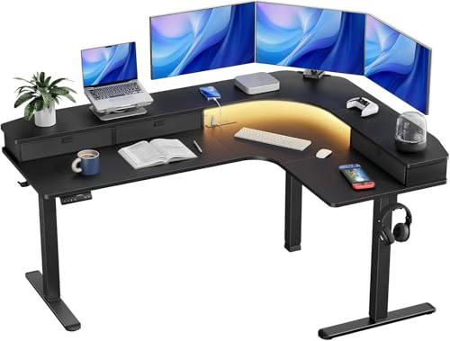 HUANUO 65″ L-Shaped Standing Desk with Power Outlets & LED Strip, Electric Height Adjustable Corner Computer Desk, Sit Stand Up Desk with 3 Drawers, Black