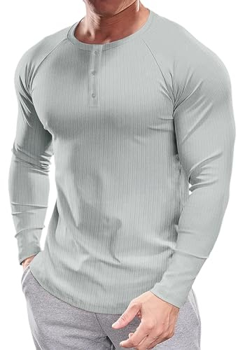 Muscle Cmdr Henley kortärmade t-shirts för män casual 3 knappslå, kortärmad och långärmad tröja regualar fit snygg långärmad, En grå, M