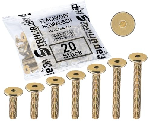 Stahlia Flachkopfschrauben M6 x 25mm Stahl Rundkopfschrauben Innensechskant (20 Stück) Gelb verzinkt Möbelverbinder Möbelschrauben Verbindungsschrauben