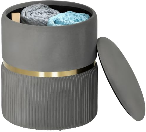 HOMCOM Round Storage Stool, Vanity Ottoman, Padded Seat, Grey | Velvet-Feel Fabric Upholstered, Removable Top, Hidden Space, Living Room, Bedroom