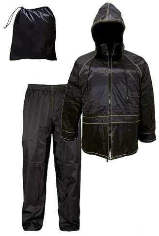 Susy Shop Combinaison moto imperméable coupe-vent | avec sac | noir | veste et pantalon - capuche rétractable | homme femme | scooter vélo | kit de pluie, Noir , 4XL