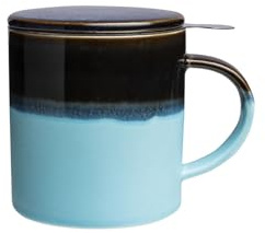Tranquillo Tee-Aufgusstasse große Keramik Teetasse mit Sieb und Deckel, Teebecher Steingut, Farbe: Blau, 410 ml