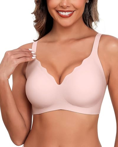 HORISUN Utan bygel-BH för kvinnor, sömlös bekväm V-ringning komplett bralette för stora bröst med stöd, ingen bygel, trådlös komfort, t-shirt, bh, ROSA, 3XL