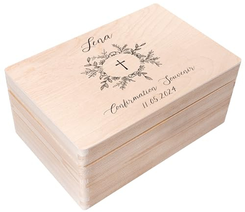 Creative Deco Personalisiert Kommunion/Konfirmation/Jugendweihe | Geschenke für Mädchen und Jungen - Holzkiste | Kreuz Motiv | Individuelle Geschenk Erinnerungsbox | Erstkommunion Deko