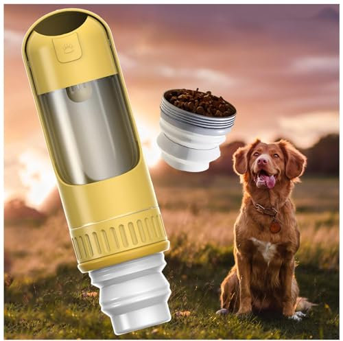 Gourde pour Chien Promenade, 350ML Bouteille d'eau avec 150g Récipient de Nourriture Bouteille d'eau pour Chien Gamelle Retractable Chien pour Les Excursions en Camping,Yellow