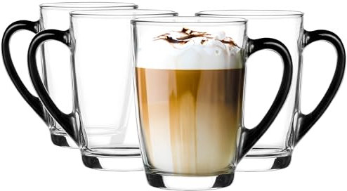 Glasmark KROSNO 1992 Bicchiere da caffè Bicchiere da caffè con manico Tazza in vetro da tè 300 ml Vetro robusto lavabile in lavastoviglie Manico nero lucido