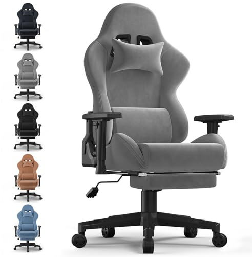 Devoko Fabric Gaming Chair with Footrest, Massage Lumbar Support, Ergonomic Reclining Computer Chair with Headrest for Adults and Teens, Home Office & Gaming Use – Light Grey