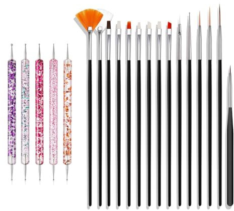 ‌Set di Pennelli per Nail Art, 20 pezzi Pennelli per Design su Unghie, Pennelli Professionali per Design di Nail Art, Pennelli Fine Liner per Unghie, Nero