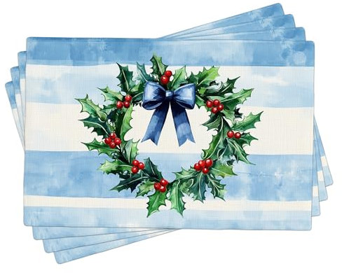 Weihnachtliche Stechpalmen-Kranz-Tischsets, 4er-Set, blau, festliche Tischsets für den Winterurlaub, Essen, waschbar, für drinnen und draußen, dekorative Stoff-Tischsets, 45,7 x 30,5 cm