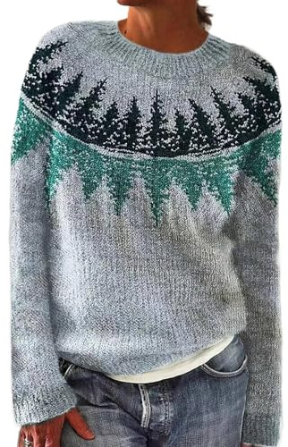 JIABAOZ Norweger Pullover Damen Kaschmir, Eleganter Bunter Strickpullover, Weicher Wollpullover mit Rundhals und Langarm, Warmes Herbst-Winter Outfit in Großen Größen (4XL,Water Fir)