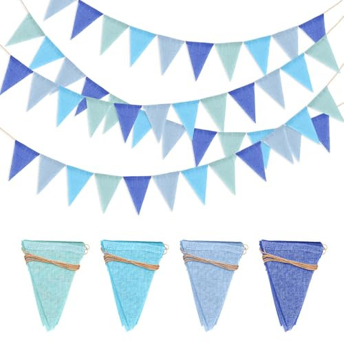 Banderines Tela 48PCS Banderín de Arpillera, Guirnalda Banderín De Yute, Imitación Cáñamo Tela Triángulo Banderas Banner Decoraciones para Cumpleaños Bautismo Boda Fiesta al Aire Libre Jardín (Azul)