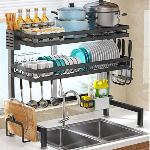 Yagosodee Over The Sink Dish Drying Rack With Utensil ,2 Tier Kitchen Counter Dish Drainer Rack Sink Organizer Shelf Holder 8 Hooks Sponge Holder Caddy For Kitchen Counter Organization, Black