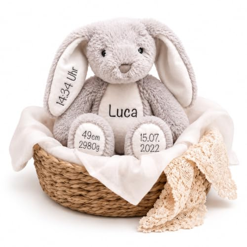Kuscheltier Hase mit Namen & Geburtsdaten personalisiert – Geschenk zur Geburt, Taufe & Geburtstage, Ostern – Weiches Plüschtier für Babys & Kinder, Rosa Ostergeschenk