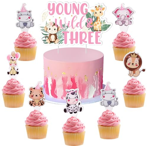 kreat4joy Young Wild and Three Cake Decorations, Pink Safari 3rd Birthday Young Wild and Three Cake Topper 24pcs Jungle Safari Animal Cupcake Toppers for Girls 3 Years Old Birthday Party Supplies