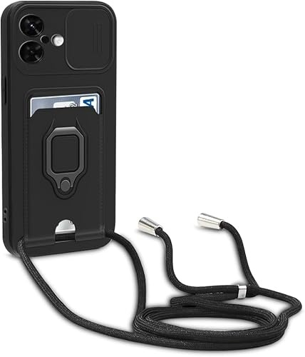 Esakycn Crossbody Case for iPhone 16e 6.1 with Camera Cover, Phone Case Silicone with Roating Ring Stand, Card Holder with Adjustable Strap Lanyard Shockproof Protective Cover. Black