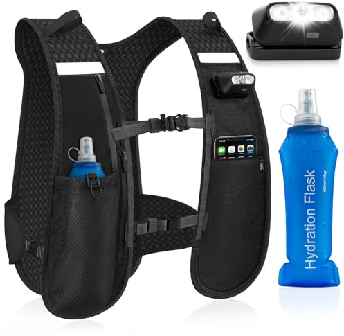 Nextyu Gilet Running Uomo Donna, Zaino Idratazione Trail Running Leggero con Borraccia Morbida 500ml, Luci LED & Cinghie Pettorali Regolabili per Corsa MTB Ciclismo Maratona Escursionismo