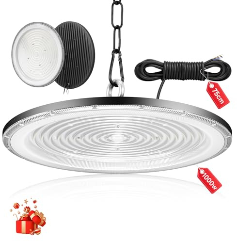 Viugreum 1000W LED Hallenstrahler, 100000LM, Superhelle LED Werkstatt Deckenleuchte, 6500K Kaltweiß UFO Werkstattlampe, IP65 Wasserdichte High Bay Light für Turnhalle Fabriken, Garage, Lagerhaus