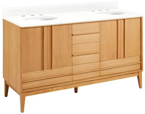 Signature Hardware 955208-60-UM-6 Sybill 60 Freestanding Teak Double Basin Vanity Set with Cabinet, Vanity Top, and Oval Porcelain Sink - 8 Faucet Holes - Natural Teak/Feathered White