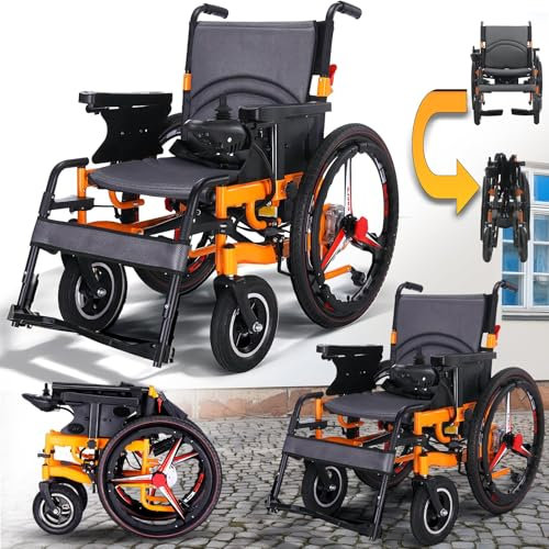 ZHaelyx Foldable Power Wheelchair for Adults,Foldable Motorized Wheelchair with Dual Motors, Motorized Mobility Scooters for Seniors,Travel Size (Black-Orange)