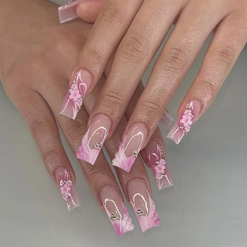 24PCS Long Square Press On Nails – Pink Flower 3D French Tip False Nails with Butterfly Design – Full Cover Acrylic Fake with Glue ABS Material Easy DIY Art Kit for Women