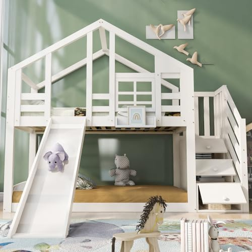 OOIILLEE Lit cabane dans Les Arbres pour Enfants 90 x 200 cm avec fenêtre, lit superposé pour Enfants avec escalier de Rangement, Protection antichute, lit Toboggan, sommier, sans Matelas, Blanc