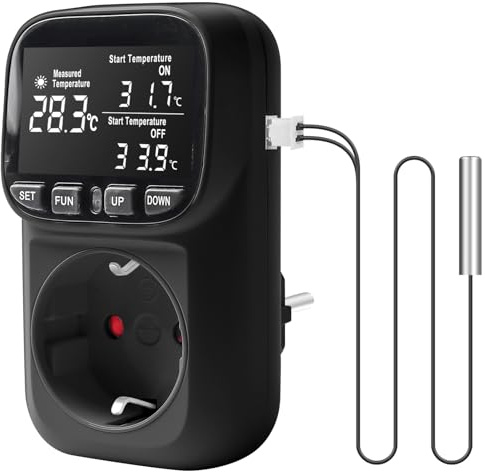 Temperaturregler Steckdose 230V, Digital Thermostat Steckdose mit Fühler für Heiz- und Kühlmodus, Hygrostat Steckdose Feuchtigkeitsregler Temperaturschalter für Gewächshaus, Terrarium, Kühlschrank