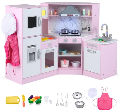 COSTWAY Kinderküche Holz, Spielküche Eck mit Licht und Sound, Holzküche mit Tafel & Spüle & Ofen, inkl. Zubehör, Spielzeugküche für Kinder ab 3 Jahren (Rosa)