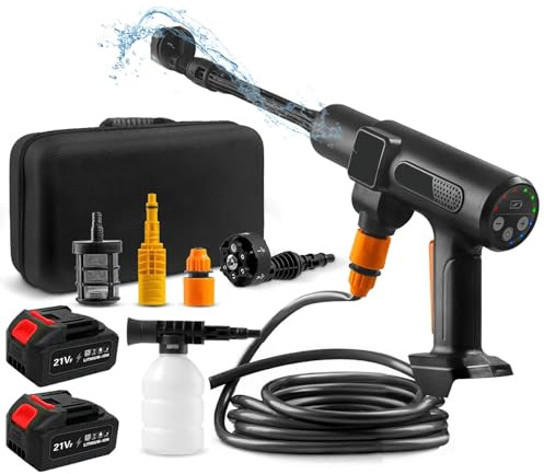 Hydrolatrice à Pression Élevée de 3500W, Hydrolatrice Portable MAX 200 Bar avec 2 Batteries, Embout Multifonctions 6 en 1 et Embout Rotatif à 180°, Laveuse Sans Fil pour Voiture, Jardin, Arrosage