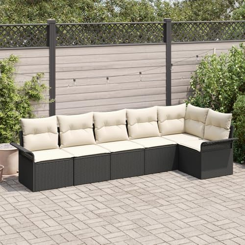IBUQDDV 6-teiliges Garten-Sofa-Set mit Kissen Schwarz Poly-Rattan, Modulares Outdoor-Set für Terrasse und Balkon, Wetterfeste Polsterauflagen, Bequeme Sitzgruppe, Langlebiges