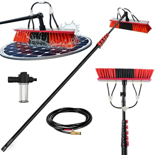 3.6-20 m Carbon Fibre Telescopic Water-Fed Pole for Solar Panel Cleaning, Lightweight, 180° Adjustable Brush with Soap Dispenser & 20m Hose, Cleaner for Window/Caravan/Roof/Patio (55cm Brush,6M)