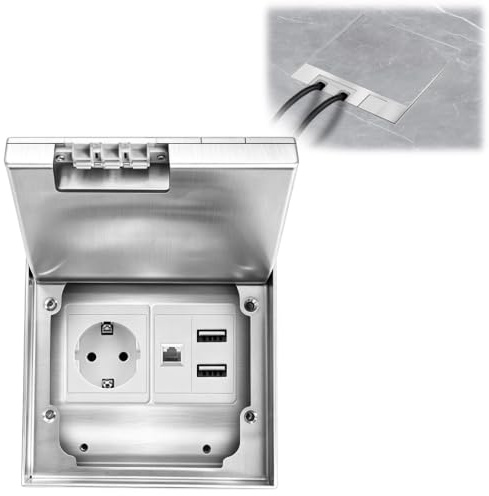 Caja de Enchufe de Suelo Toma de corriente 16A AC250V 4000W | Toma de corriente empotrable retráctil con toma de corriente de CA, LAN y 2 puertos USB para baldosas, madera y hormigón