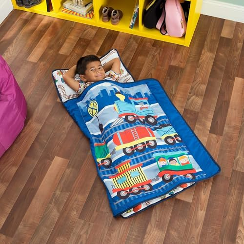 Everyday Kids Choo Choo Schlafmatte für Kleinkinder, mit abnehmbarem Kissen, Tragegriff mit Befestigungsriemen, Roll-Design, weiche Mikrofaser für Vorschule, Tagespflege, Schlafsack, Alter 2–6 Jahre