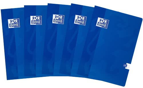 Oxford Schulheft A4 Kladde 60 karierte Blätter mit Seitenrand, Optik Paper 90 g, weicher laminierter Umschlag, Notizblock Set für Büro & Schule, 5 Stück-Packung, Blau