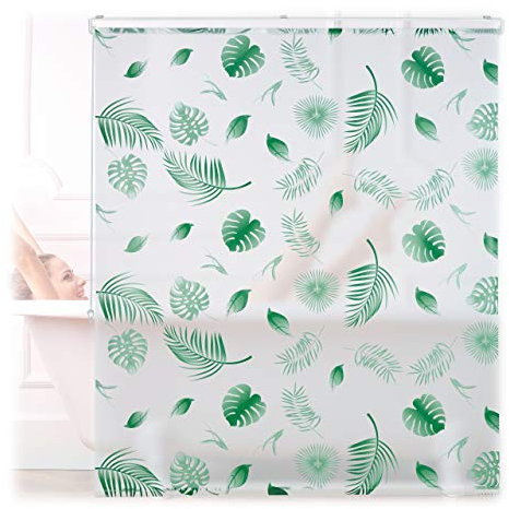 Relaxdays Duschrollo Blätter, 140x240cm, Seilzugrollo f. Dusche & Badewanne, wasserabweisend, Decke & Fenster, weiß/grün
