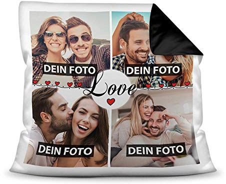 Print Royal Kissen mit Füllung - Fotocollage selbst gestalten mit Spruch - Love - mit Vier eigenen Fotos - Geschenkidee Fotokissen - Farbkissen Rückseite Schwarz