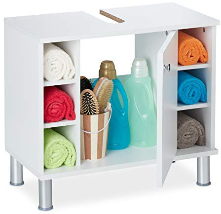 Relaxdays Mobile Sottolavabo, Armadietto Bagno con 1 Anta, 53,5x60x32 cm, 7 Scomparti & Apertura per Sifone, Bianco, 1 pz