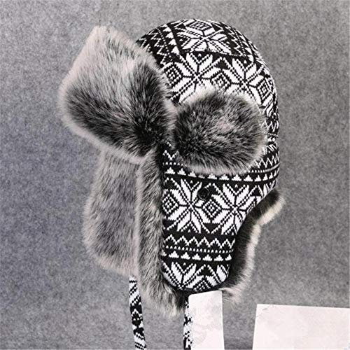 Herren Winter Fliegermütze Russischer Hut Ushanka Schwarz Weiß Bomber Hüte Männlich Weiblich Ohrenklappen Winter Dick Warm Strick Outdoor Trapper Hut-Black_White