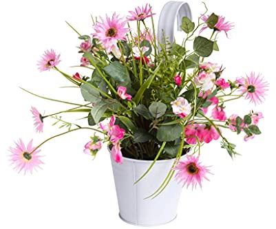 Botanic-Haus künstliches Sommerblumen Arrangement (Blumenbouquet) im weißen Metallhängetopf (Creme-pink)