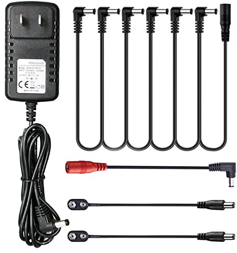 Guitar Pedal Power Supply Adapter 9V DC 1A with 6 Way Daisy Chain Cables for Guitar Effect Pedals,2 x Battery Clip Cables, 1x Reversed Polarity Cables