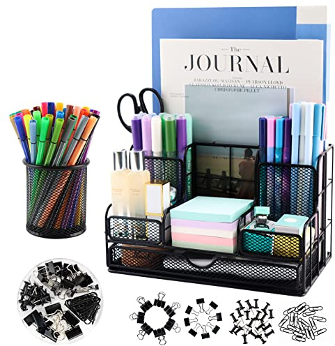 BCCICE Desk Organizers Caddy and Accessories with 7 Compartments + Pen Holder / 72 Clips Set, Drawer, Black Mesh Office Supplies Desktop Organizer for Home, Office Ect