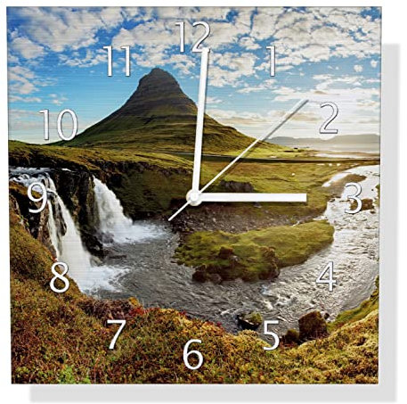Wallario Design Wanduhr Island Panorama Fluss Berge und Blauer Himmel aus Aluverbund, Alu-Uhr Größe 30 x 30 cm, weiße Zeiger mit Metalloptik