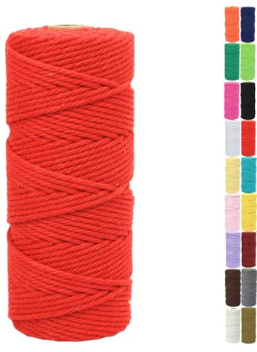 Binwat Natural Macrame Cotton Cord Twine String Colored Cotton Rope Macrame Yarn Craft Cord for DIY Crafts Knitting Plant Hangers Christmas Wedding Decor (Red, 2mmx200m)