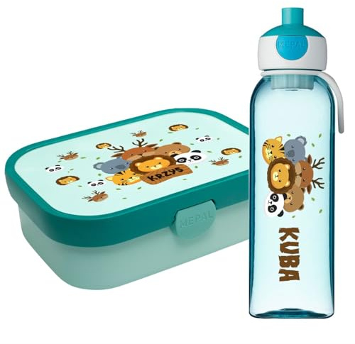 Ferocity Set de fiambreras Personalizadas para niños Chicos al Colegio Personalizadas con Nombre Fiambrera Botella de Agua biberón Libre de BPA con Tenedor y Compartimento bento Animales [153]