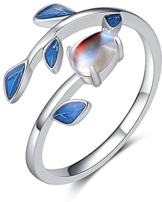 Qings Anello Pietra di Luna Argento Sterling 925 Regolabile Aperto Ovale Arcobaleno Moonstone Foglia Anelli per Donne Ragazze