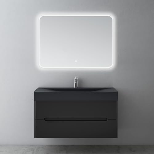 Mai & Mai Badezimmermöbel Waschbeckenunterschrank mit Softclose Schubladen inkl. Mineralguss Waschbecken LED-Badspiegel 100cm in Matt Schwarz Badmöbel-Set Yoga